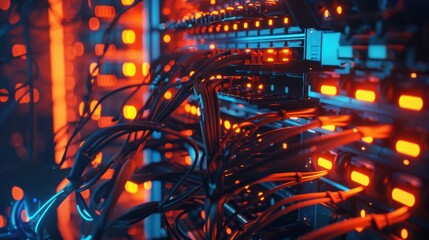 Wall Mural - Server Racks with Glowing Orange Lights