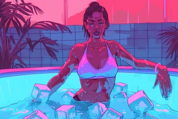 Wall Mural - A woman relaxes in an icy pool wearing a bikini, suitable for use as a unique and eye-catching background image