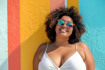 Poster - A young woman wearing a white tank top, colorful sunglasses, and smiling for the camera