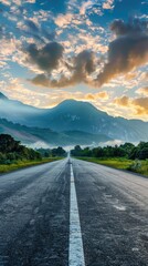 Wall Mural - Asphalt road square and green mountain with sky clouds natural landscape at sunrise