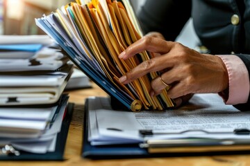 Aufkleber - A person holds a stack of papers on a desk, ready for organization or review
