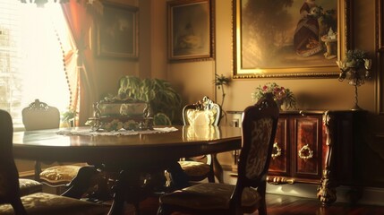 Poster - A cozy dining room with a table and chairs, perfect for family meals or gatherings
