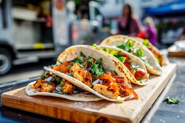 Wall Mural - A close-up shot of three delicious tacos with seasoned chicken, fresh cilantro, onions and tomatoes, arranged on a wooden board.