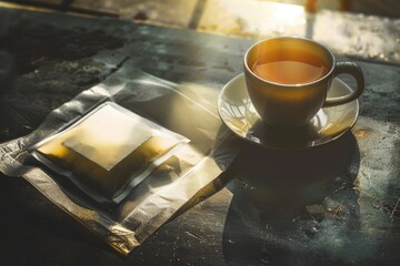 Poster - A cup of tea and a piece of cake on a table, perfect for a cozy moment