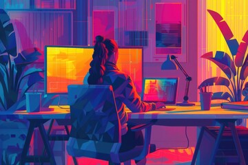 Wall Mural - A woman sits at a desk in front of a computer, focused on her work