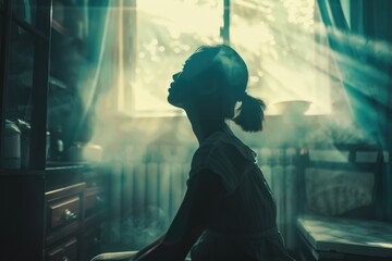 Aufkleber - A woman sits in a room with a view of the outside, possibly contemplating or thinking