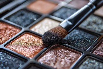 An open compact of shimmery eyeshadow palettes, displaying metallic hues, with a make-up brush resting beside, reflecting beauty and fashion.