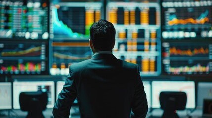 Aufkleber - Businessman standing in front of computer screens, possibly working or presenting