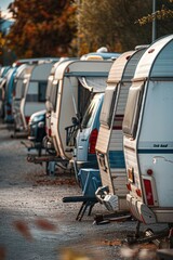 Poster - A row of campers parked along a roadside, perfect for outdoor adventure and travel scenes