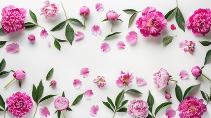 Wall Mural - Pink peony flowers on white background with room for text Top view flat lay Petal and leaf details