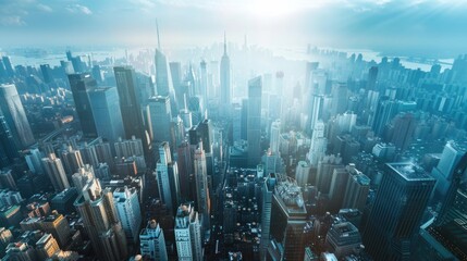 Poster - A panoramic view of a city from the top of a skyscraper, ideal for use in architecture, urban planning or travel projects