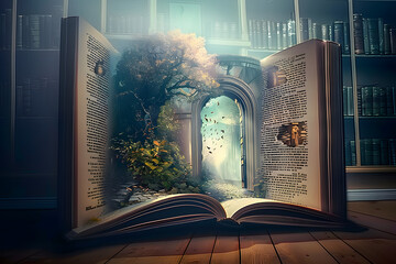 Poster - AI GENERATIVE, a giant open book in which there is a door that transports you to a world full of fantasy,