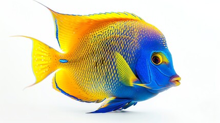 Wall Mural - A vibrant blue and yellow angelfish isolated on a white background.