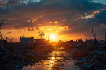 A sunrise over a community rebuilding after a disaster, symbolizing hope and recovery.