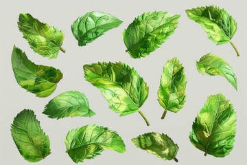 Poster - Close-up of fresh green leaves arranged on a clean white surface