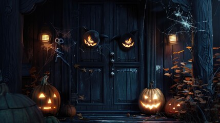 Wall Mural - Pumpkins and jack-o'-lanterns sit on the porch, awaiting Halloween night