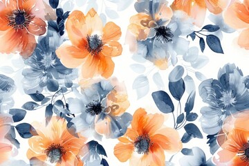 Poster - Pattern of orange and blue flowers on a white background, perfect for design and decoration