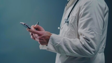 Wall Mural - A scientist or doctor holding a cell phone while wearing a lab coat, possibly checking health information or receiving updates