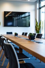 Aufkleber - A conference table with a laptop on it, perfect for business meetings or remote work