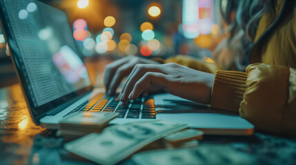 Poster - Hands managing cash at home, laptop for savings or profit from trading, counting money and planning investments