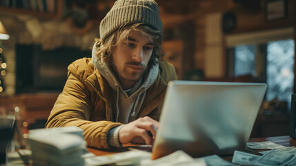 Poster - Counting cash at home with hands, laptop in use, budgeting for savings or investment