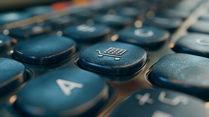 Wall Mural - Shopping cart icon  on blue laptop keyboard, representing e-commerce and consumer online buying concept.