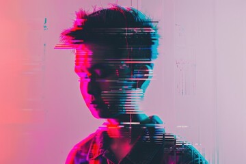 Poster - A person wearing a plaid shirt stands out against a bright pink and blue backdrop