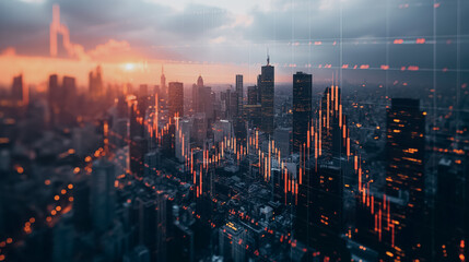 Poster - Financial charts and city skyscrapers combined, symbolizing real estate investment and financial growth, urban finance.