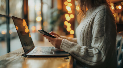 Wall Mural - successful online payment notification on phone held by businesswoman, at desk with laptop, highligh