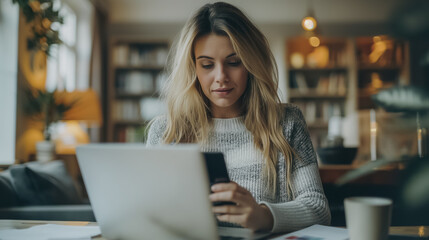 Wall Mural - Businesswoman holding phone with successful payment text, sitting at desk with laptop, representing online purchase and invoicing.