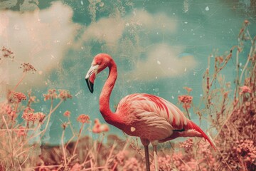 Wall Mural - A single flamingo stands in a lush, green field of tall grass, with its distinctive feathers and posture