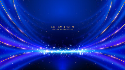 Wall Mural - Blue luxury background decoration with golden line, glowing curved light ray effect, and bokeh