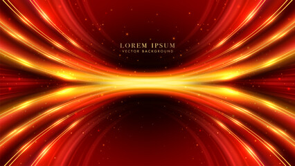 Wall Mural - Red luxury abstract background decoration with golden curve lines, glowing rays, and glittering light effects