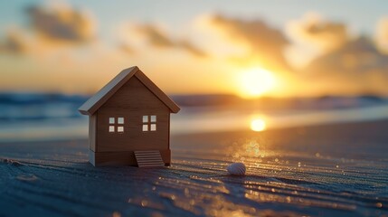 Canvas Print - Dream home concept. Miniature wooden house model on seashore at sunrise with sky background, exuding tranquility and dreams of coastal living. Real estate investment and vacation home marketing