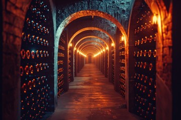 Poster - A dark and intimate setting with wine bottles lining the walls of a dimly lit tunnel