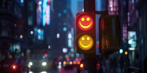 Poster - A traffic light with a smiling face, suitable for use in illustrations, cartoons, or graphics