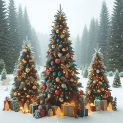 Decorated Christmas trees with gifts in the middle of the forest.