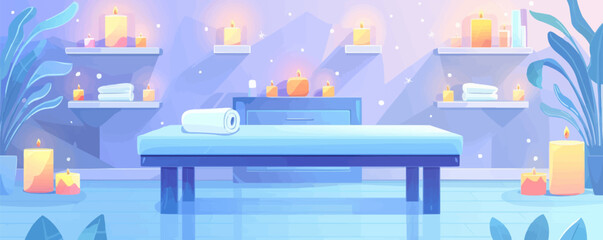 Poster - Spa salon with a massage table and aromatic candles. Vector flat minimalistic isolated illustration