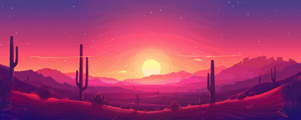 Wall Mural - a radiant sunset over a desert landscape with cacti silhouetted against the sky. vector flat minimal