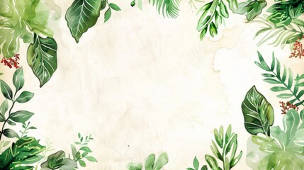 Wall Mural - Beautifully illustrated foliage frame with lush green leaves on a light background. Perfect for invitations or nature-themed designs. Illustrated in a simple, elegant watercolor style. AI