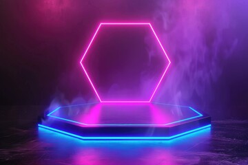 Poster - Neon sign with pink and blue lights in a dark room, perfect for use as background or to add atmosphere to your design