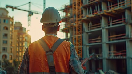 Poster - construction worker on a construction site looks into the distance housing construction and crane in