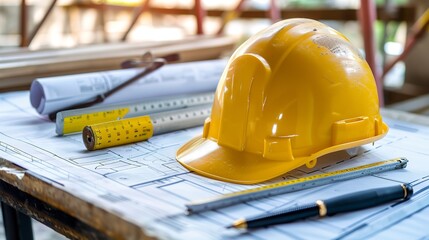 Poster - yellow hard safety helmet and blueprint, pen, ruler, protractor, and tape measure on a table at a co