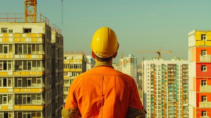 Poster - construction worker observing real estate project