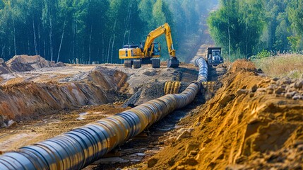 Canvas Print - Large pipeline being laid at a construction site with heavy machinery. 