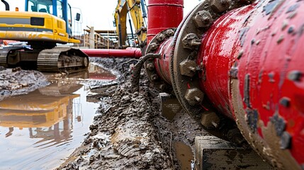 Sticker - Large red pipes and machinery at a muddy construction site 