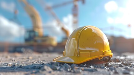 Poster - yellow construction helmet on the ground with a blurred background of a construction area with machi