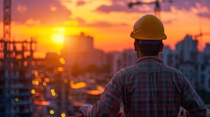 Poster - construction man on a construction site from behind, with a sunset