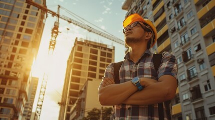 Poster - portrait of foreman worker plan working for the outdoors building construction site.