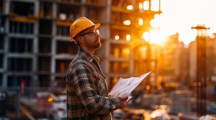 Poster - portrait of foreman worker plan working for the outdoors building construction site.